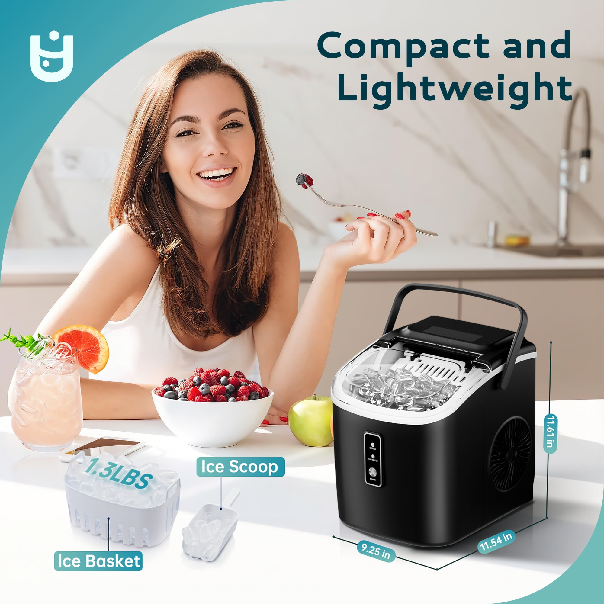 EUHOMY Countertop Ice Maker 26 lbs/Day Portable Self-Cleaning, 9 Bullet Ice in 6 Min, Black