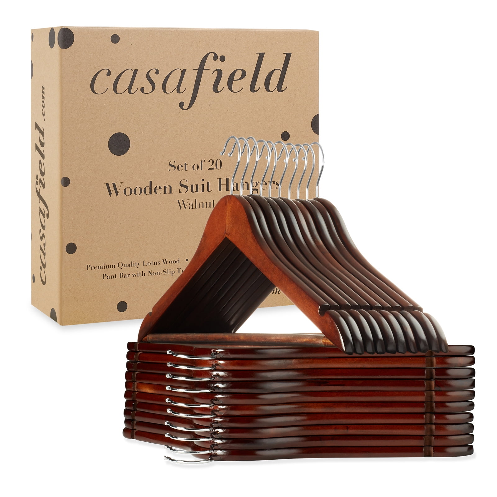 Casafield 20 Wooden Suit Hangers, Walnut - Non-Slip Pant Bar & Swivel Hook