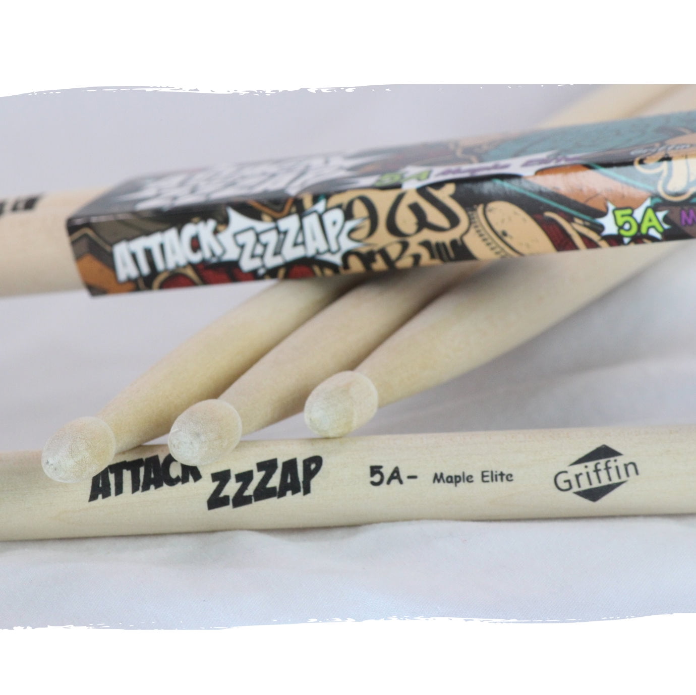 12 Pairs of Select Elite Maple Wood Drum Sticks by Griffin Attack Zzzap - Size 5A Balanced, Level and Straight - Drummers Percussion Classic Pure Grit Uncoated, Raw Wood Drumming Sticks