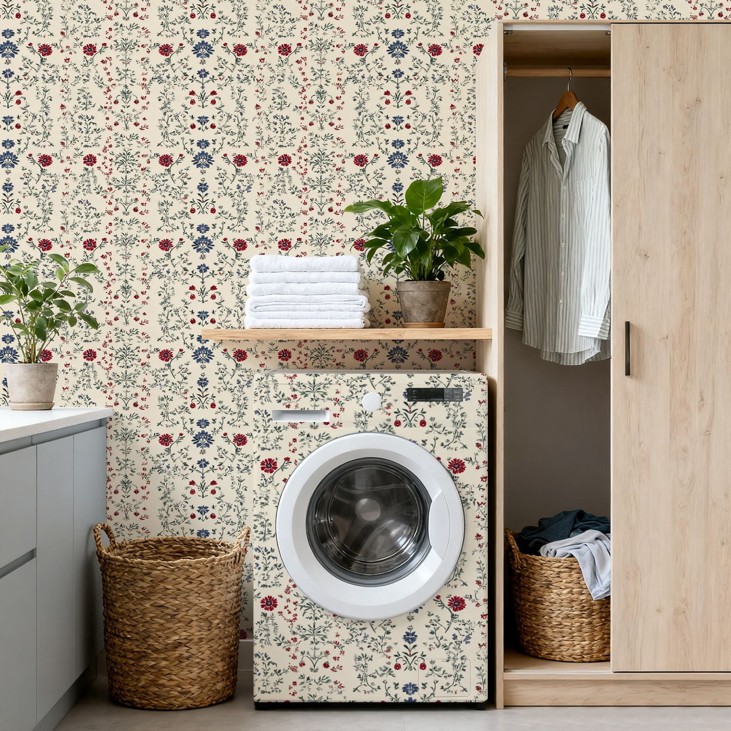 Peel and Stick Wallpaper Floral Red Blue Flowers Cream Wall Mural 17.7in x 9.8ft Self Adhesive Removable Wall Paper Renter Friendly Wallpaper for Bedroom Nursery Living Room