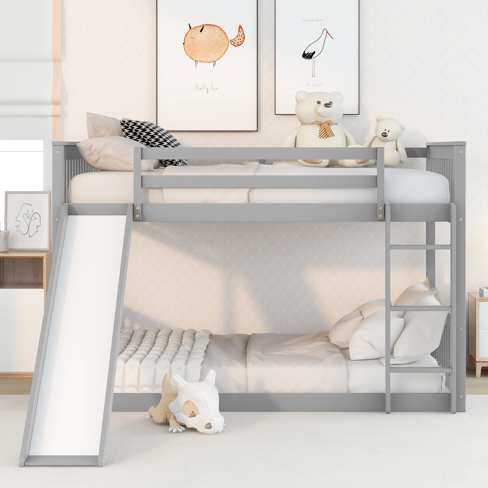 Euroco Full over Full Bunk Bed with Slide for Kids Teens Room, Solid Wood Low Profile Bunk Bed, Gray