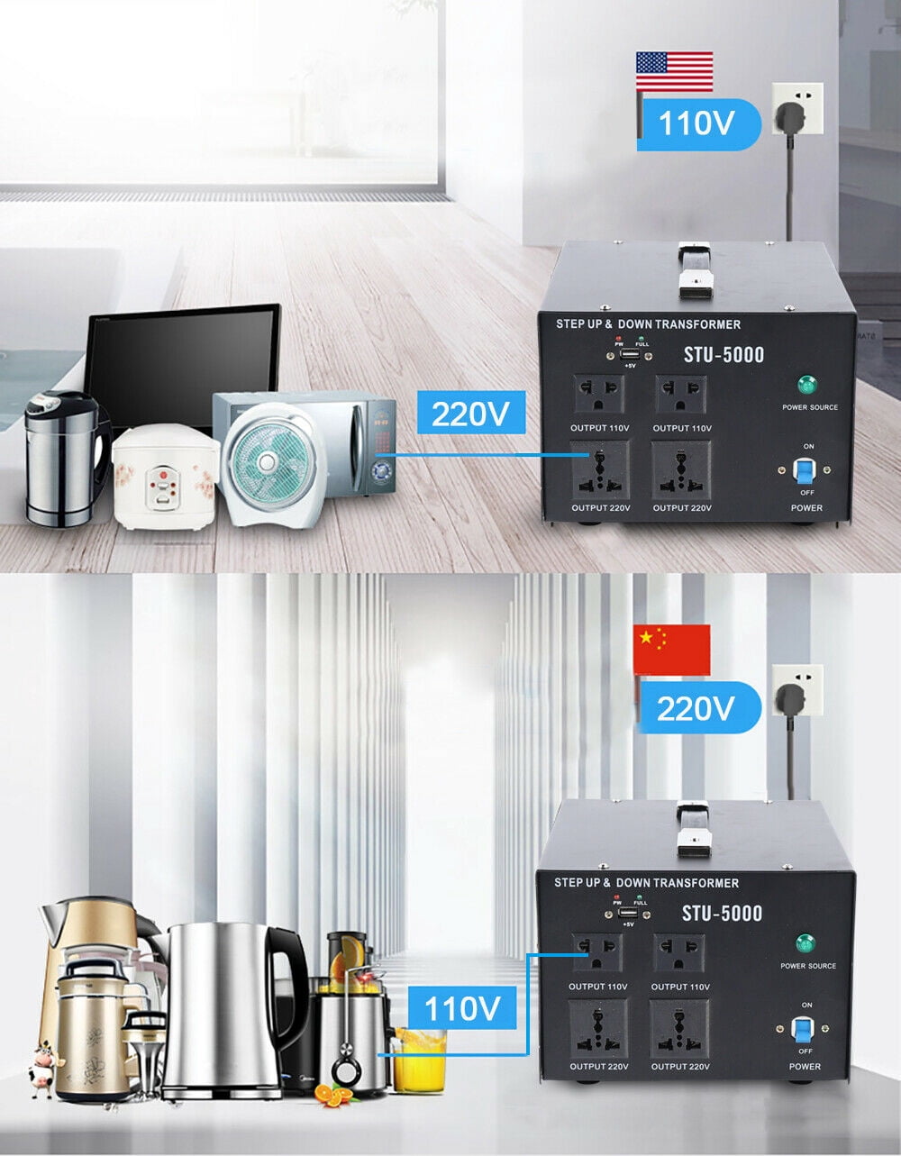 Denest 5000 Watts Voltage Transformer Step up And down 110 to/from 220 V Power Converter +USB