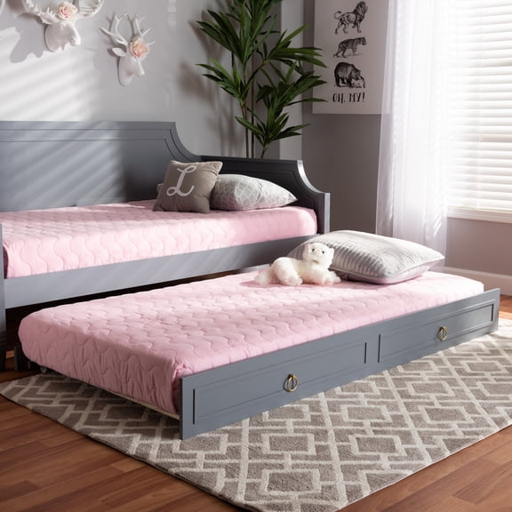 Twin Size Trundle Bed Frame - Grey Wood Frame, Classic Design, Roll Out Guest Bed Frame