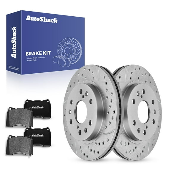 AutoShack 12.98" (329.7 mm) Front Vented Drilled & Slotted Brake Rotors Coated Ceramic Brake Pads | Replacement for 2013-2019 Cadillac XTS | Silver Zinc Coated | 6-PC Brake Kit | SilverShield Pro