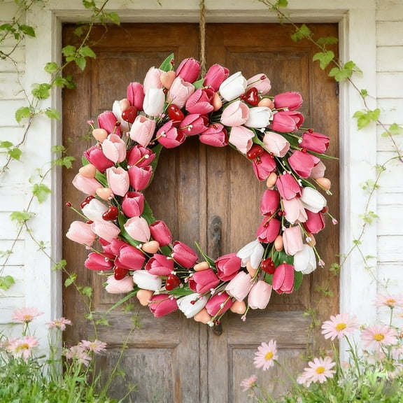Spring Wreath for Front Door with Pink White Tulip Artificial Flowers Green Leaves Indoor Outdoor Home Garden Decor