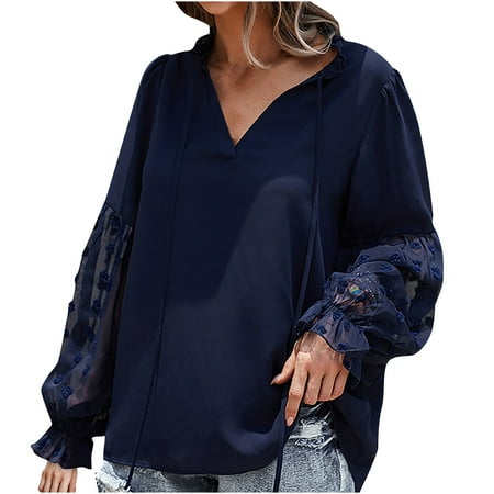 

Women s Causal V-Neck Blouse Ruffle Sleeve Tie Front Splicing Tops Solid Color Dot Pullover Plus Size Loose Lightweight Slouchy Comfy Sweatshirt