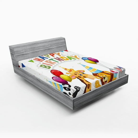 Ambesonne Birthday Fitted Sheet, Cartoon Animals Party, Queen Size, Multicolor