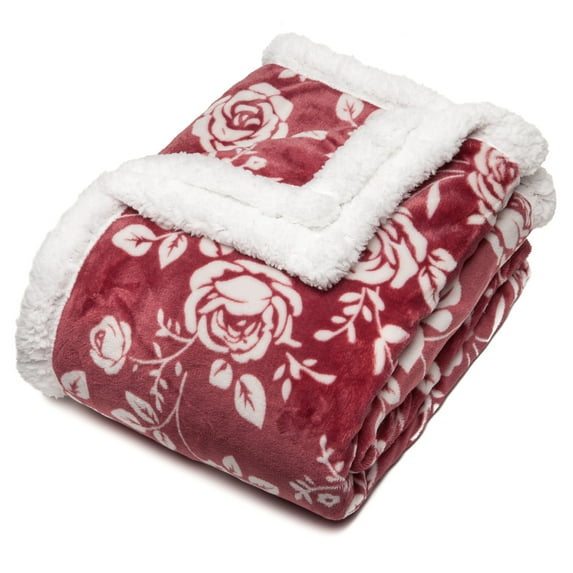 Chanasya Elegant Rose Soft Fleece Reversible Sherpa Throw Blanket - Cozy Classy Chick Elegant Floral Print Velvet Plush blanket for Bedroom Living Room Couch Bed Sofa - 50"x65" - Pink