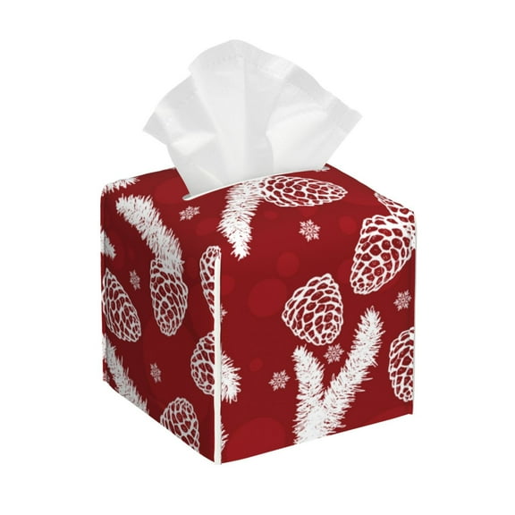 Uemuo Christmas Holiday Pinecone Tissue Box Cover Holder, Square with Bottom Belt - PVC Leather Decorative Organizer for Tabletop, Bathroom, Car, Office