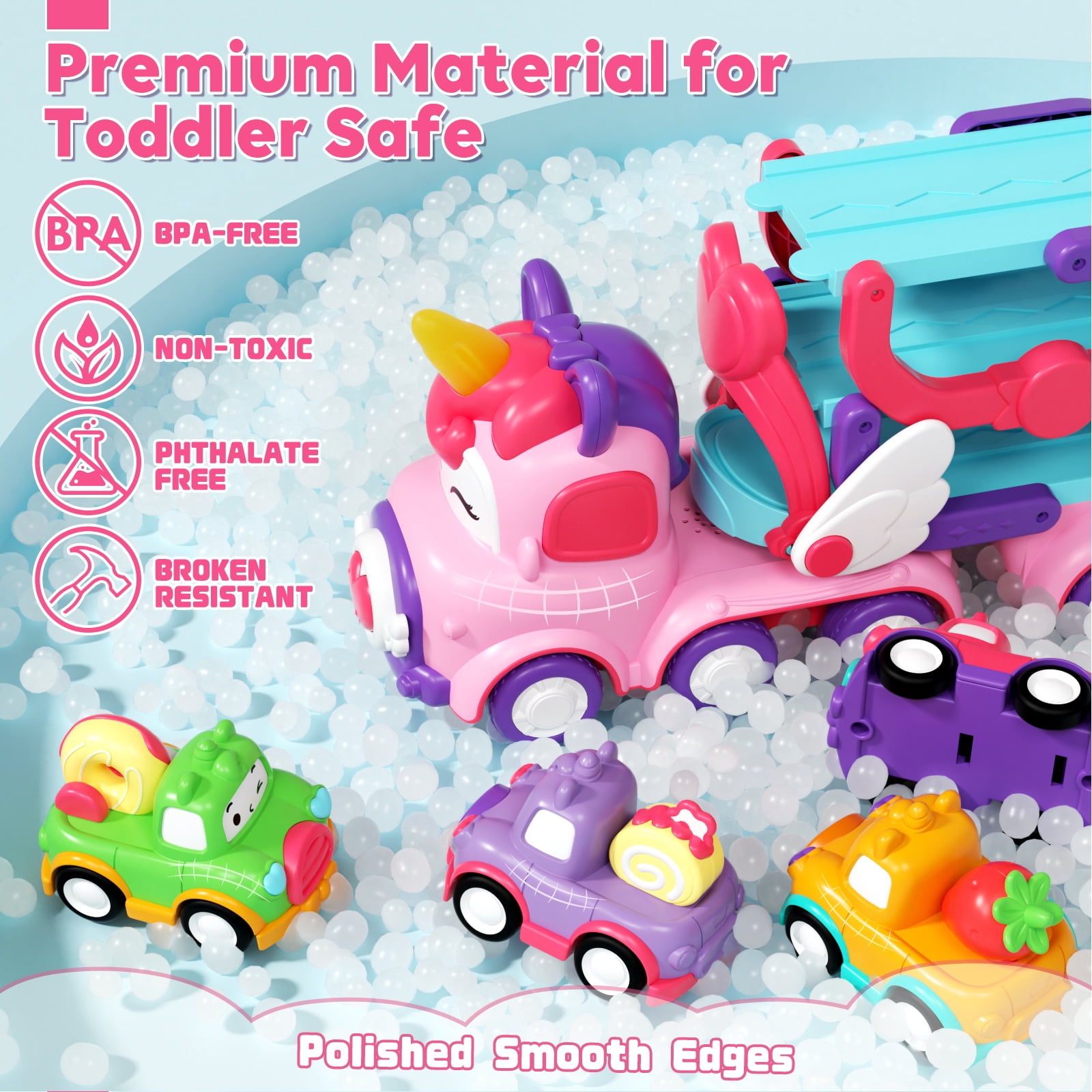 Toddler Girl Toys, 7-in-1 Toy Cars for Girls with Lights & Music, 2 Year Old Girl Toys, Unicorn Toys, Car Carrier Truck Toy, Toys for 1 2 3 Year Old Girls