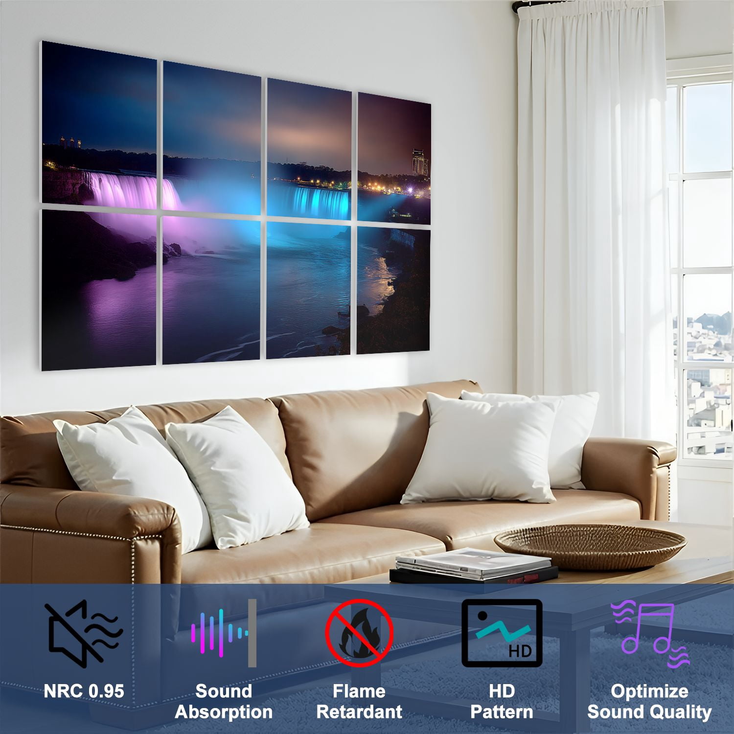 8 Pack Art Acoustic Panels Sound Absorbing Niagara Falls night Canada North America Decorative Soundproof Wall Panels Self Adhesive for Nursery Game Room Bedroom 48"x32"