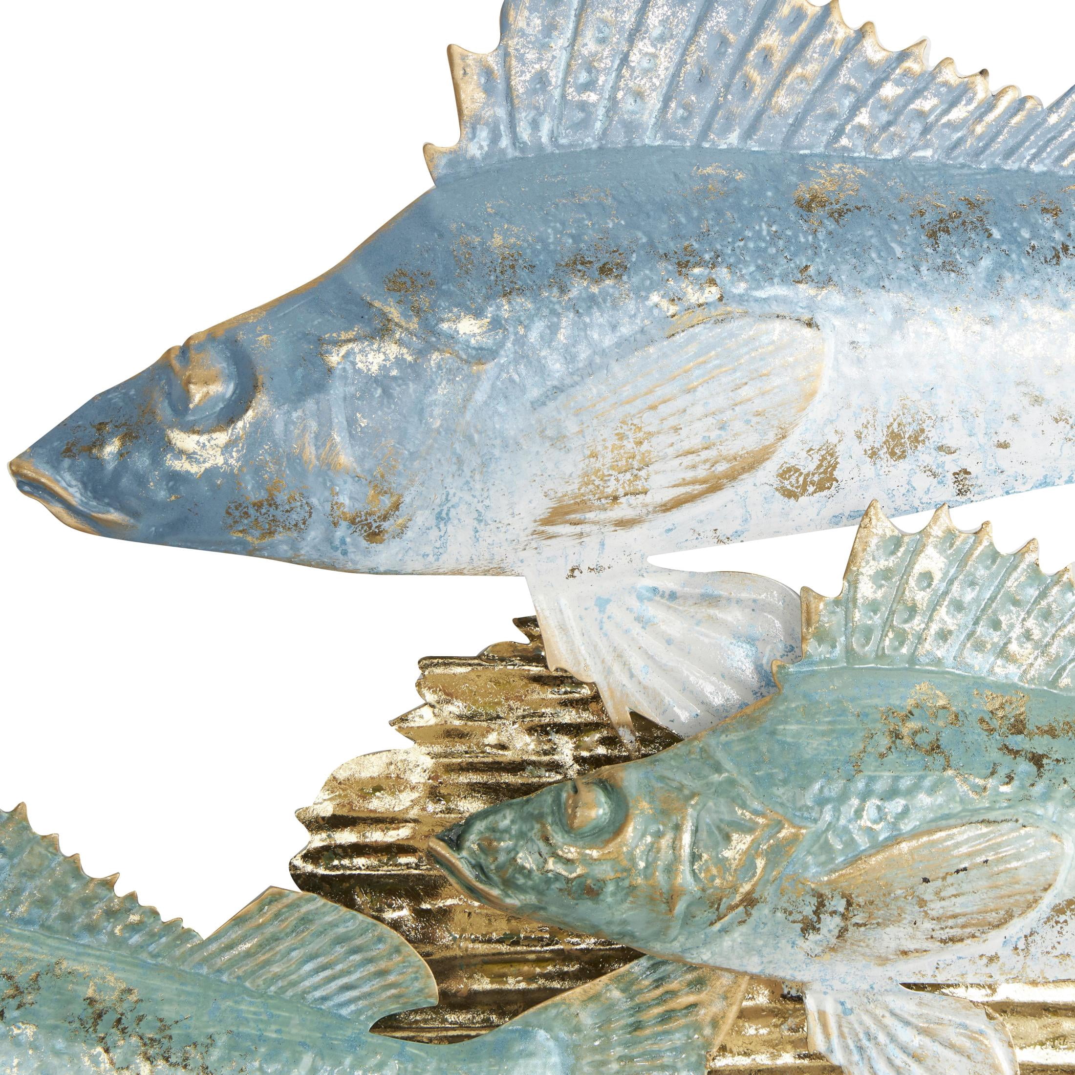 DecMode Blue Metal Fish Wall Decor with Gold Accents