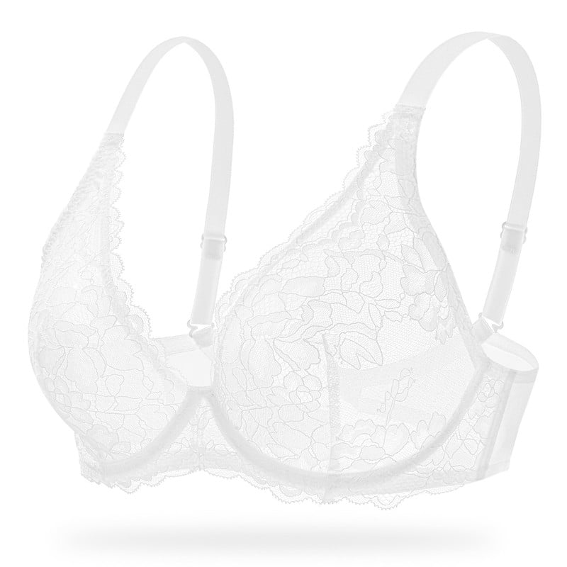 Wingslove Women's Sexy Sheer Lace Bra Underwire Unlined Plunge See Through Push Up Full Coverage Bra,White 36D
