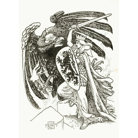 Walter Coat Of Arms - A Warrior With A Shield Emblazoned With A Lion From The Belgian Coat Of Arms Battles The German Eagle After And Illustration By Walter Crane In King AlbertS Book Published 1915 A Warrior With A Shield
