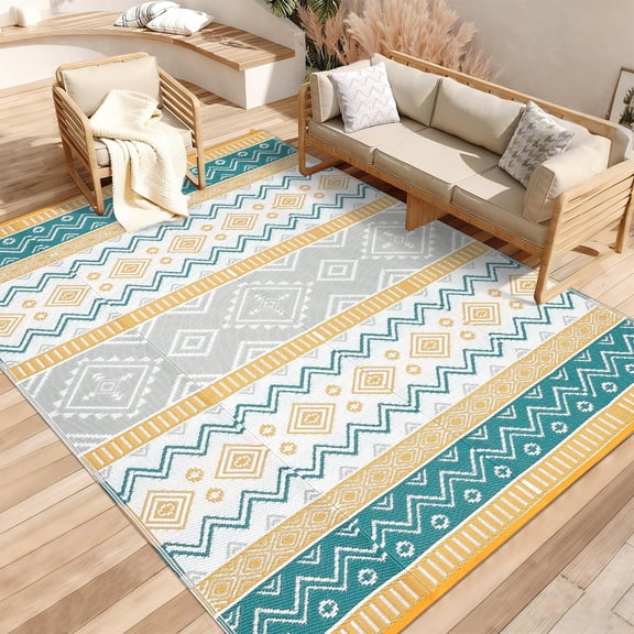 9x12 Waterproof Plastic Straw Outdoor Rug, Boho Reversible RV Mat – Stain Resistant Indoor/Outdoor Carpet for Patio, Deck, Balcony, Beach & Picnic