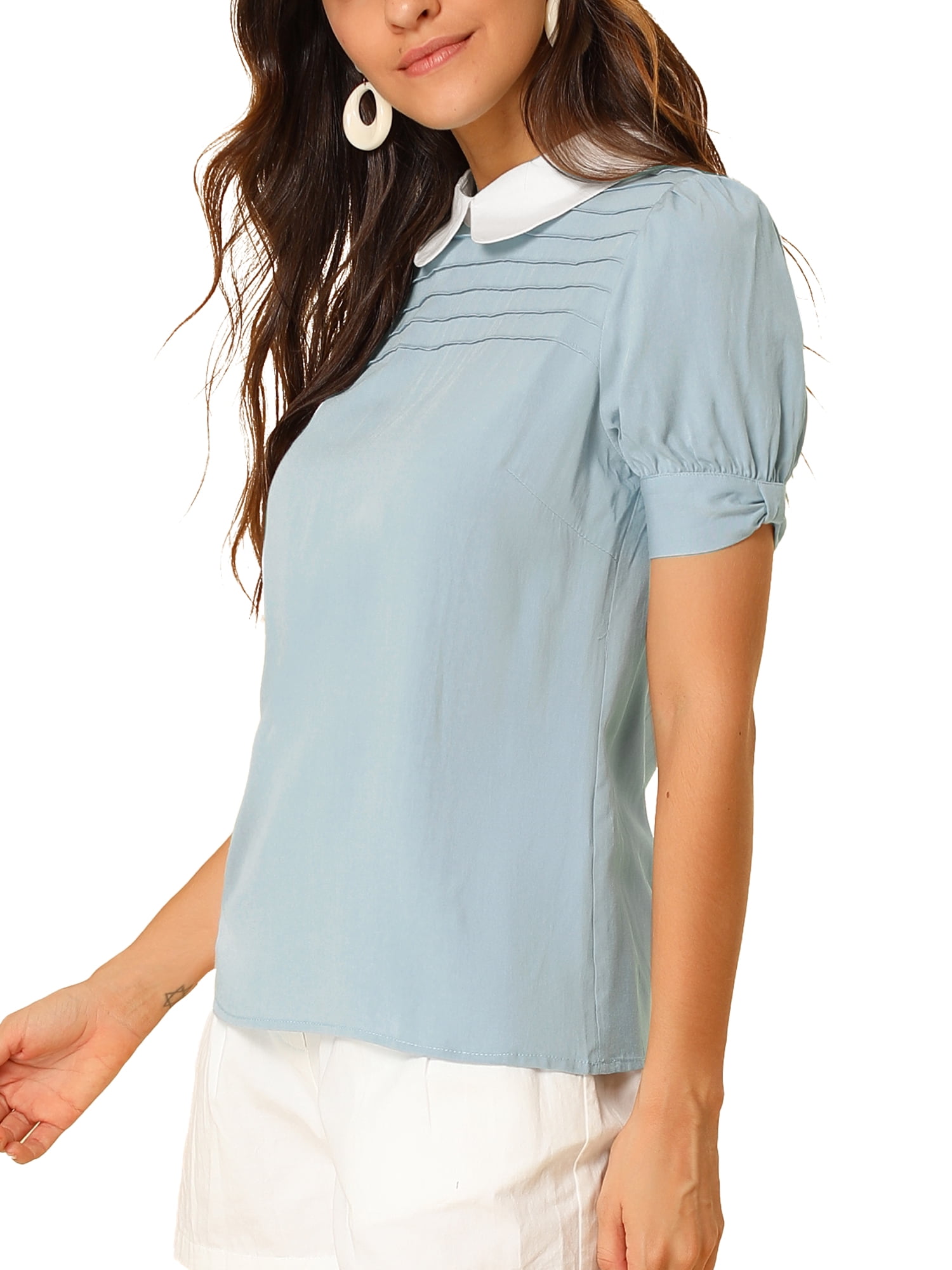 DARING DIVA Peter Pan Collar Contrast Puff Blouse Top M Blue