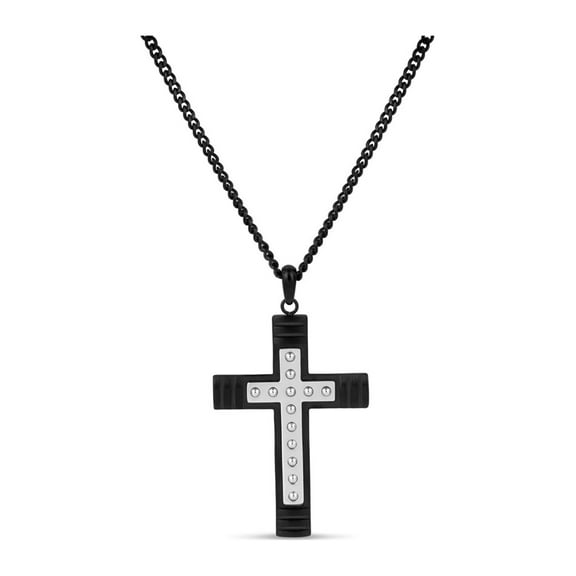 316L Stainless Steel Black IP and Polished Cross Necklace, 24"