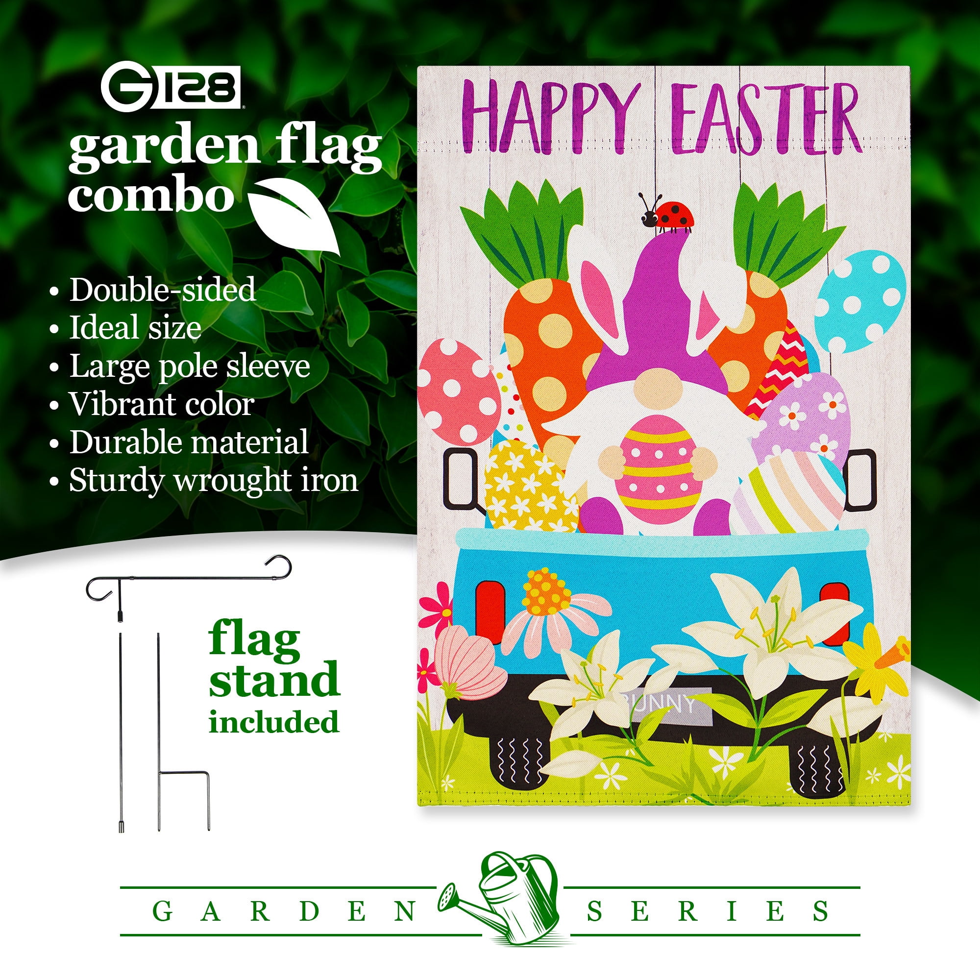 G128 2sets: 36"x16" Flag Stand & 12"x18" Double Sided Gnome Truck Garden Flag Easter Polyester