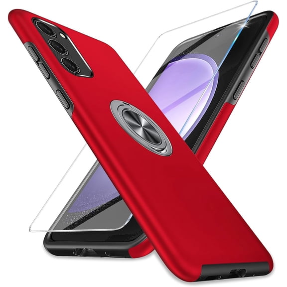 for Samsung Galaxy S23 FE 5G Case with Screen Protector Slim Phone Case with Ring Holder Kickstand Shockproof Protective Cover for Samsung Galaxy S23 FE (Red)