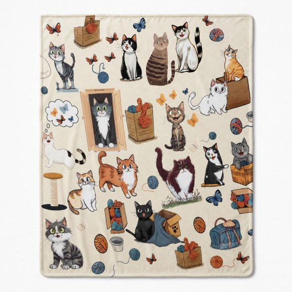 Cat Print Fleece Throw Blanket, Soft Polyester Blanket for Sofa or Home Decor