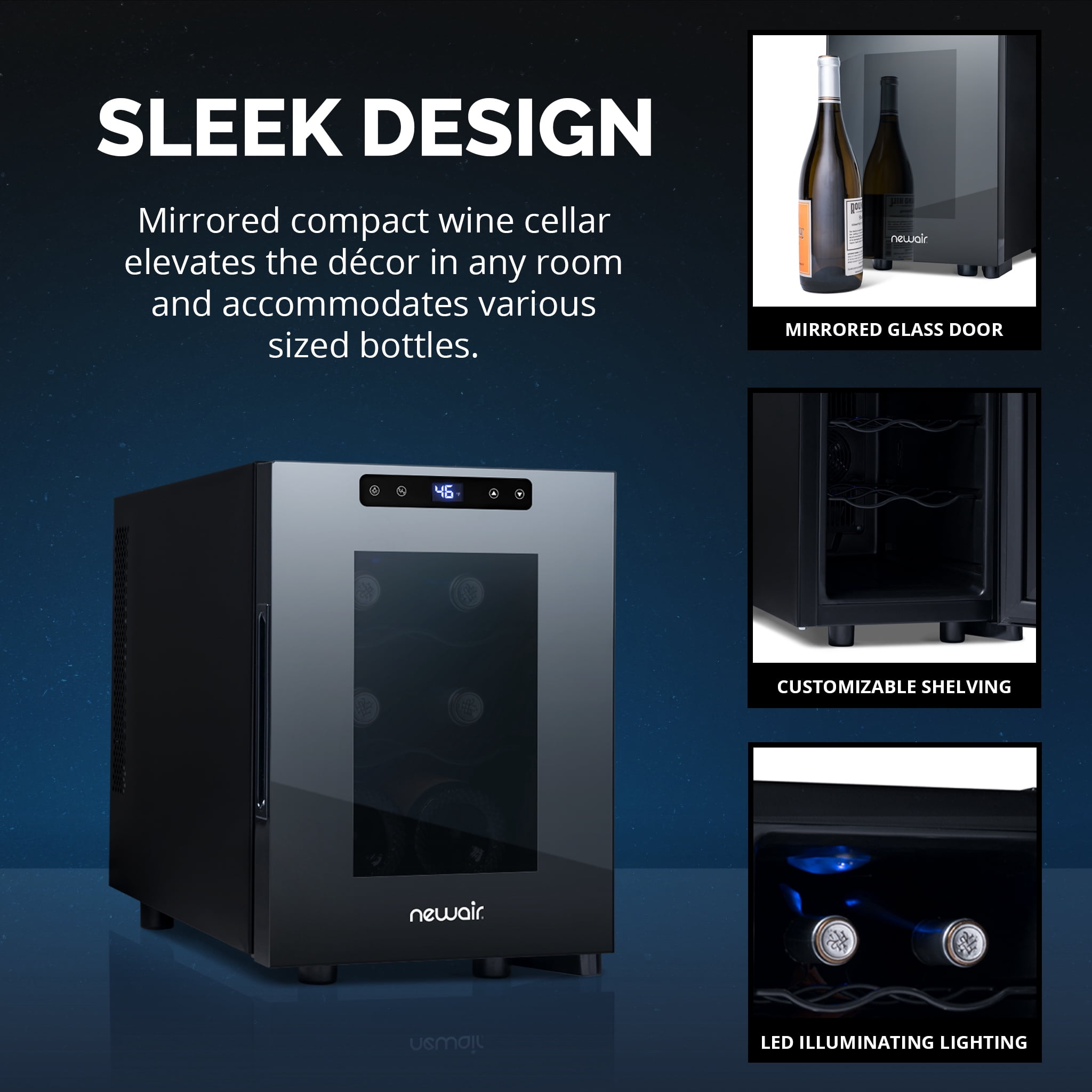 Newair Shadow-T Series Wine Cooler Refrigerator, 6 Bottle Countertop Mirrored Compact Wine Cellar, Small Freestanding Glass Door Wine Fridge