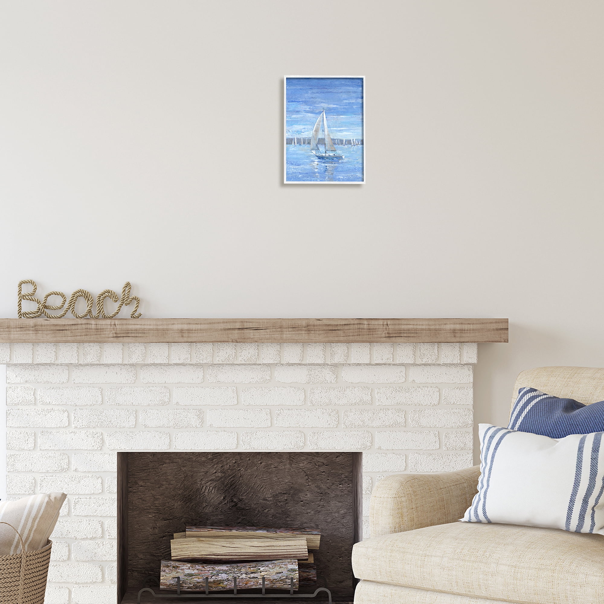 Stupell Industries Blue Sailboat Painting Transportation Painting White Framed Art Print Wall Art, 11 x 14