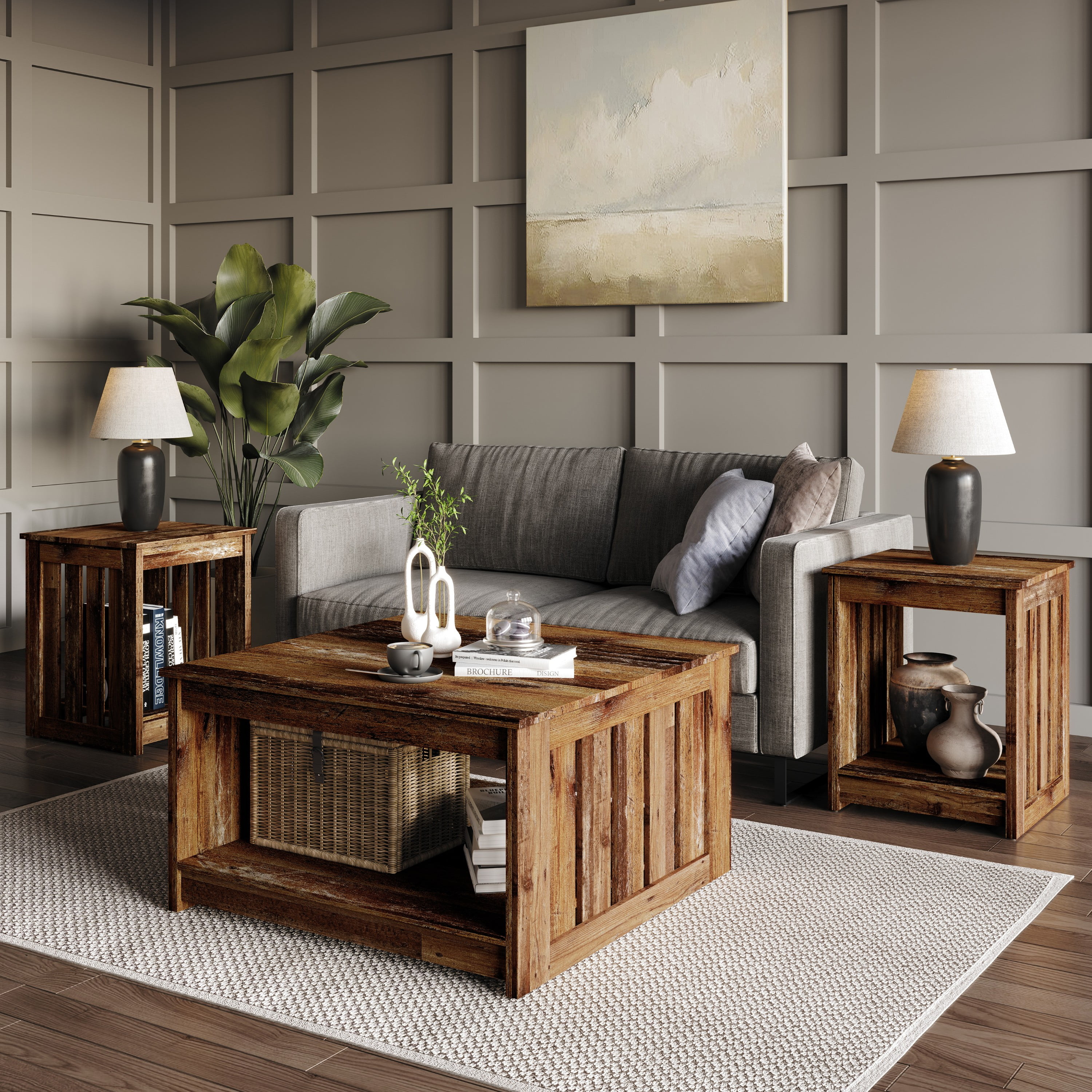 Home Design Nashua 3-Piece Coffee Table Set with Rectangular Coffee Table and 2 Matching End Tables, Modern Open Shelf Design for Living Room, Vintage Oak