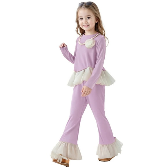 Krdevn Girls Autumn Outfits Long Sleeve Top with Ruffle Hem and Flared Pants Two Piece Includes Necklace,Size:5-6 Years