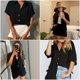 thumbnail image 3 of Blusa HOTOUCH de manga corta para mujer, lino y algodón, color negro, 3 of 7