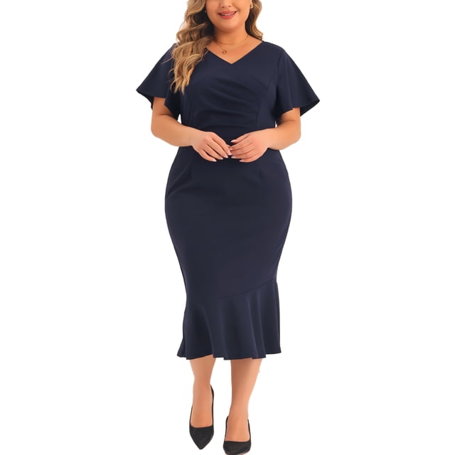 Vestidos formales de talla grande Agnes Orinda para mujer, con envoltura, escote en V, mangas cortas con volantes, vestido de cóctel para fiestas 4X azul marino