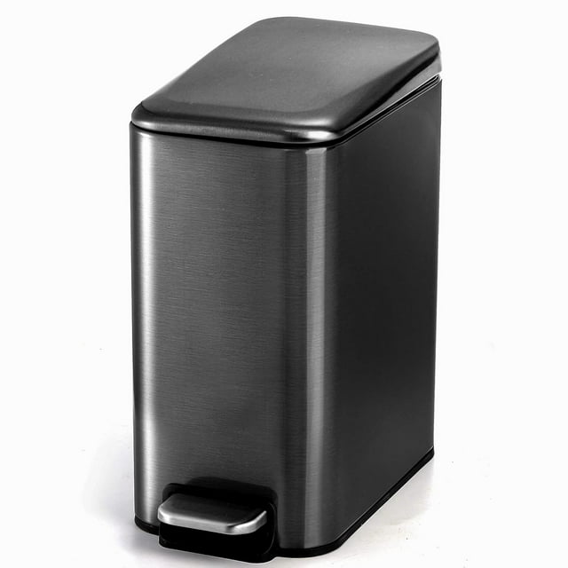 GFDYREE 1.6 Gallon Bathroom Trash Can with Lid, 6 Liter Rectangular Small Step Trash Can with Removable Bucket, Stainless Steel Slim Garbage Can Bin with Foot Pedal for Kitchen, Bright Black