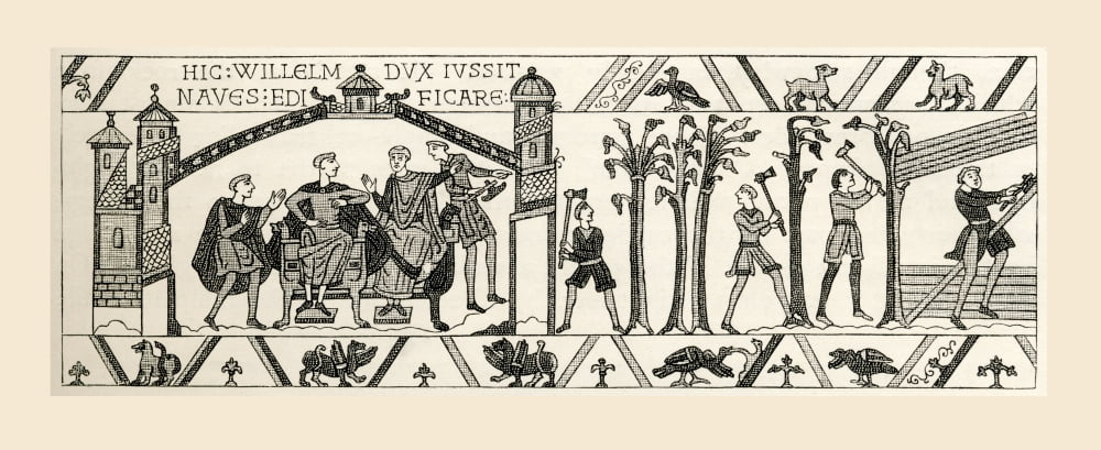 Scene From Bayeux Tapestry King William And Advisers Plan Invasion Of England Men Begin Felling Trees For Boat Building From French Pictures By The Rev Samuel G Green Published 1878 Canvas Art - Ken W