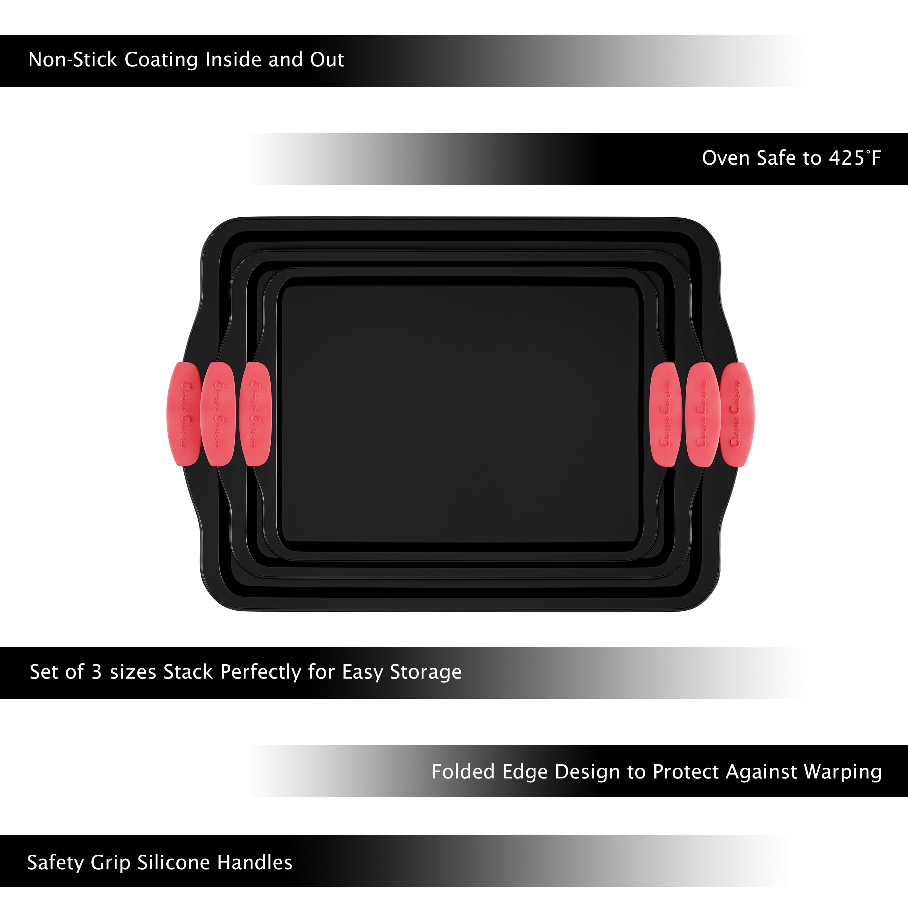 Classic Cuisine 3-Piece Nonstick Baking Pans with Silicone Handles (Black)