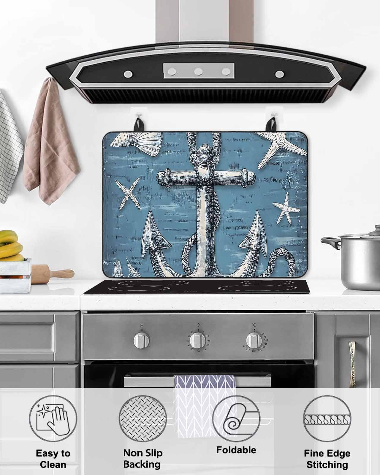 nqOlkjepod Large Induction Cooktop Protector Mat 36"x21", Blue Nautical Anchor Stove Top Covers for Electric Stove, Summer Coastal Ocean Starfish Shell Stove Burner Cover Mats, Glass Top Stove Cover