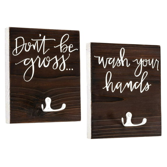 Primitives by Kathy Set of 2 Towel Hook Boards - Don't Be Gross, Wash Your Hands - Wood and Metal, 6 x 7 x .5-Inches