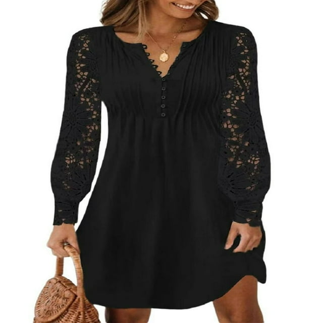 Femmes Automne Casual Robe Boutons Dentelle Florale à Manches Longues Mini Robe
