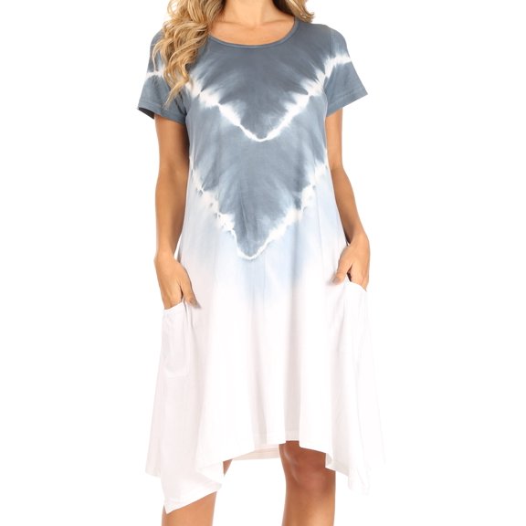 Sakkas Lilla Women's Casual Tie Dye Midi Boho Loose Short Sleeve Knit Dress Pocket - Grey - S/M