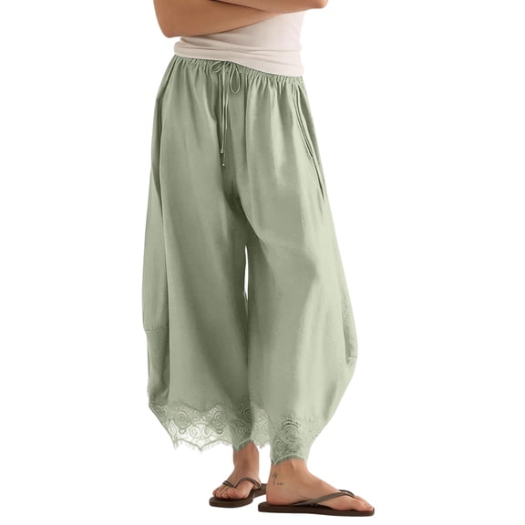 Evdexr Women's Wide Leg Pants Drawstring Lace Trim Pant Summer 2026 High Waisted Palazzo Trousers Lightweight Loose Flowy Casual with Pockets S