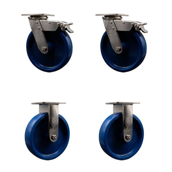 8 Inch 316SS Solid Poly Caster Set with Ball Bearings 2 Brakes 2 Rigid SCC