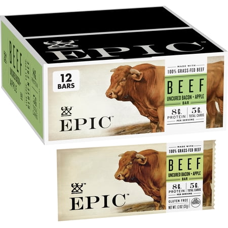 EPIC Beef Uncured Bacon Apple Bars, Whole 30, Paleo Friendly, Protein Bar, 12 Count, 15.6 oz