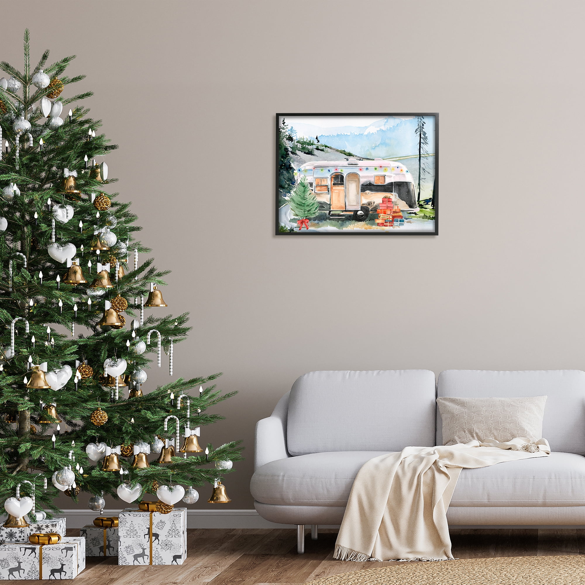 Stupell Industries Retro Airstream Camper Rustic Christmas Scene Presents Trees Graphic Art Black Framed Art Print Wall Art, 30x24, by Jennifer Paxton Parker&nbsp;