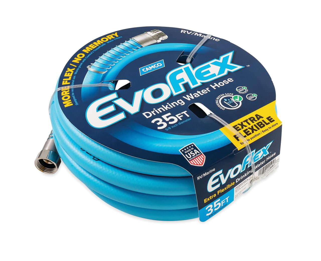 Camco EvoFlex 35-Foot RV Drinking Water Hose - Ultra-Flexible Design - PVC, Blue (22595)