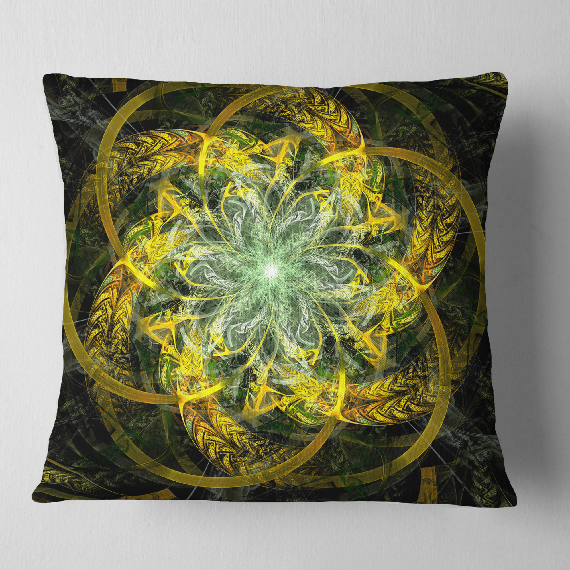 Designart Yellow and Green Fractal Flower - Abstract Throw Pillow - 16x16