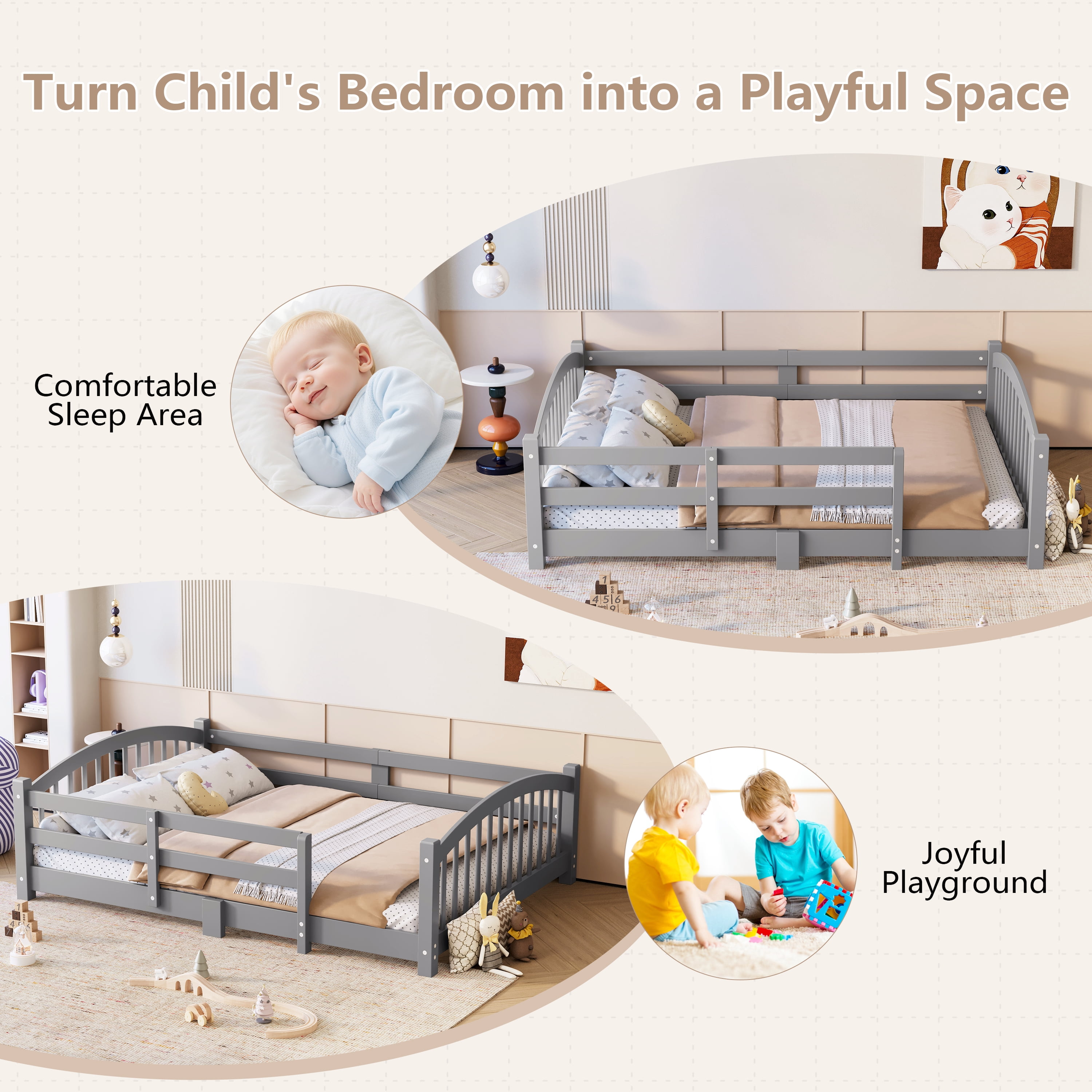 Twin Montessori Floor Bed with Safety Guardrails, Solid Pine Wood Platform Bed with Slats, Gray Toddler Bed for Boys Girls, Easy Assembly