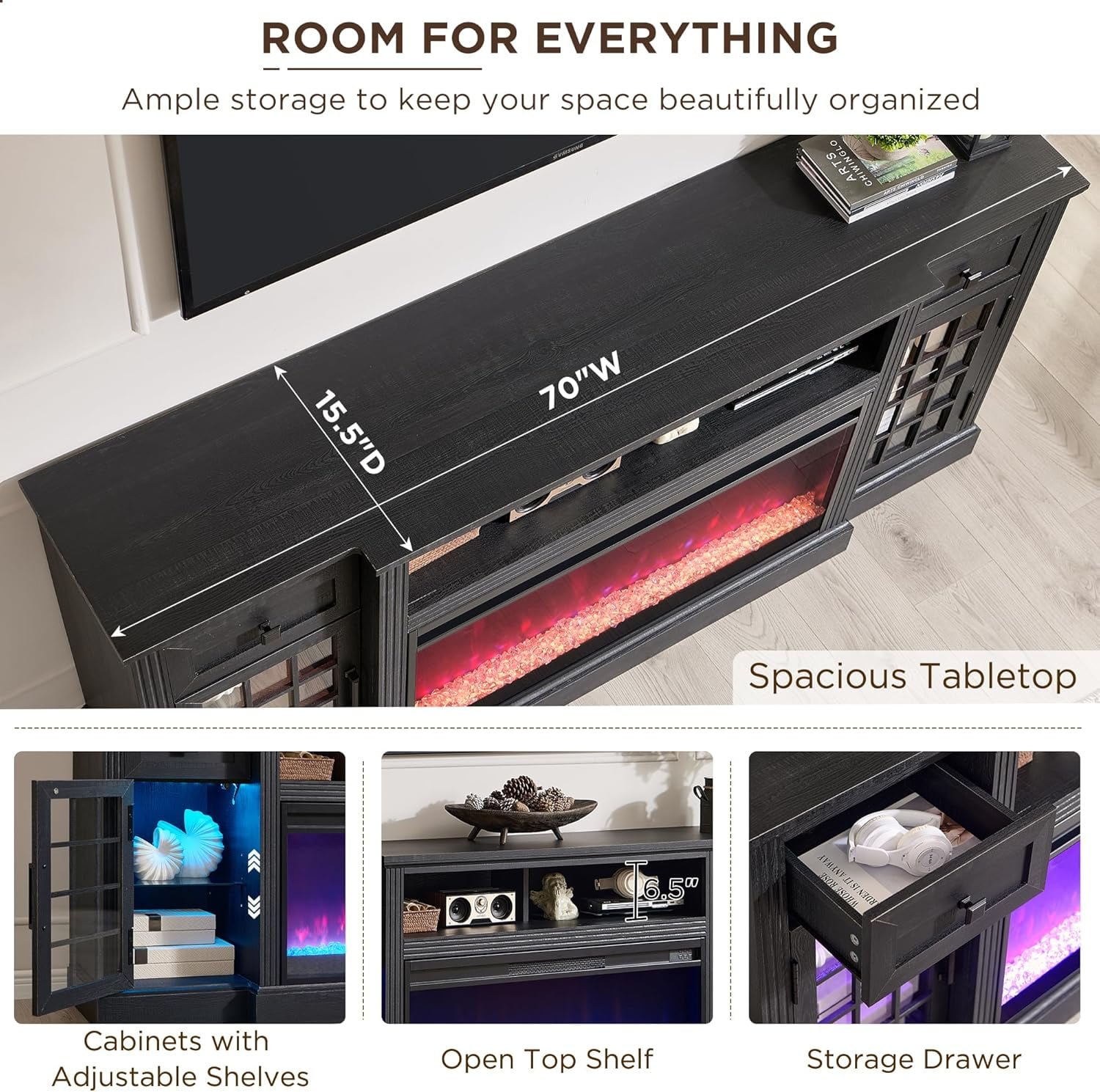 T4TREAM LED Fireplace TV Stand for TVs up to 80" , Farmhouse Entertainment Center with 36" Electric Fireplace and Storage Drawer, Black
