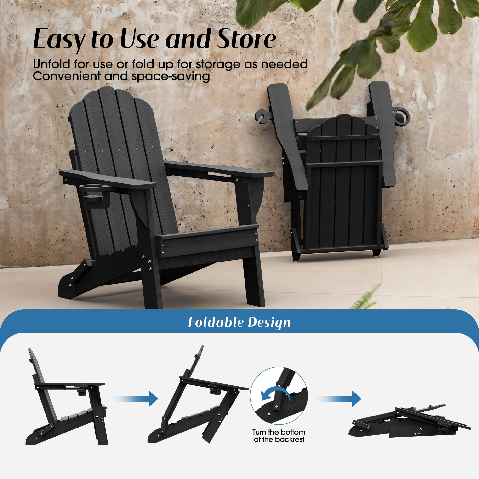 Folding Adirondack Chair, All-Weather HDPE Patio Chair with Cup Holders, Black