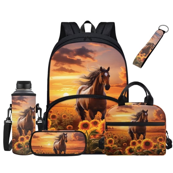 Chririnla Brown Horse Backpack Set for Girls Kids Sunflower Sunset Hiking Backpack Pencil Case Insulated Lunch Bag for Middle Elementary High School Boys 12-14 Student Bookbag Rucksack Daypack 5 Pcs