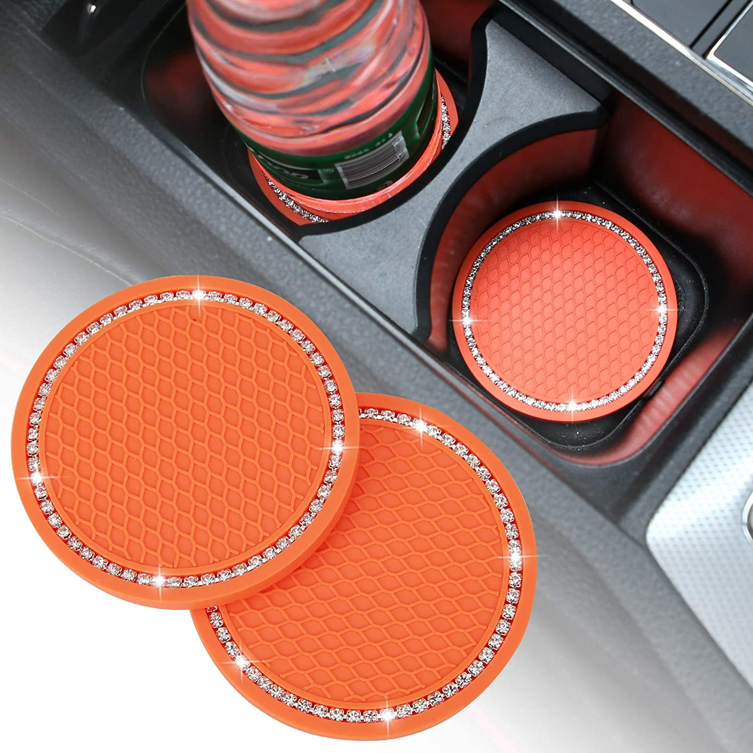 4 Pack Bling Car Coaster 2.75 Inch Bling Crystal Rhinestone Soft Rubber Pad Set Round Auto Cup Holder Insert Drink Coaster Car Interior Accessories 