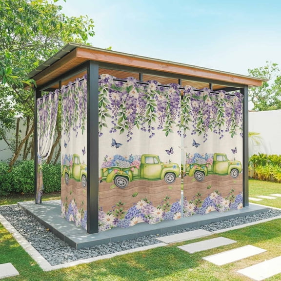 Outdoor Curtains for Patio Waterproof, Blue Purple Floral Outdoor Privacy Panels Grommet, Spring Vintage Hydrangea Flower Truck Blackout Outside Curtains for Porch/Cabana 54"x84", 1 Panel