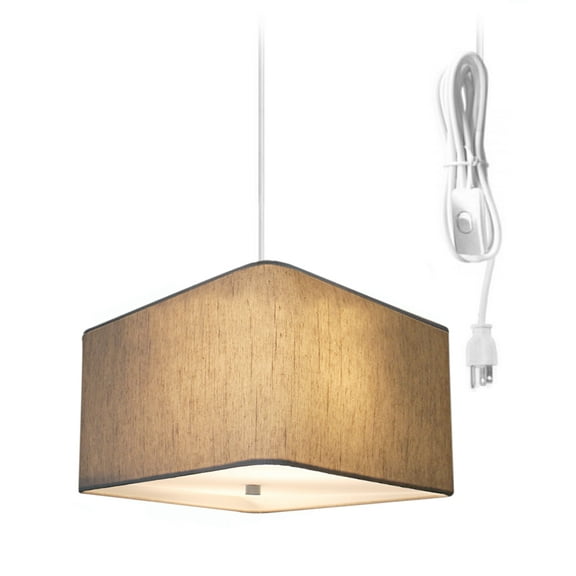 2 Light Swag Plug-In Pendant 14"w Rounded Corner Square Oatmeal Drum Shade with Diffuser, White Cord